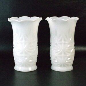 Set of 2 White Milk Glass Vases - Starburst Scalloped Edge 5 3/4 tall Wedding